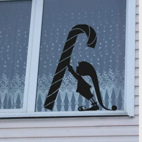 Reusable Christmas Elf Candy Cane Window Cling | Holiday Silhouette Decoration