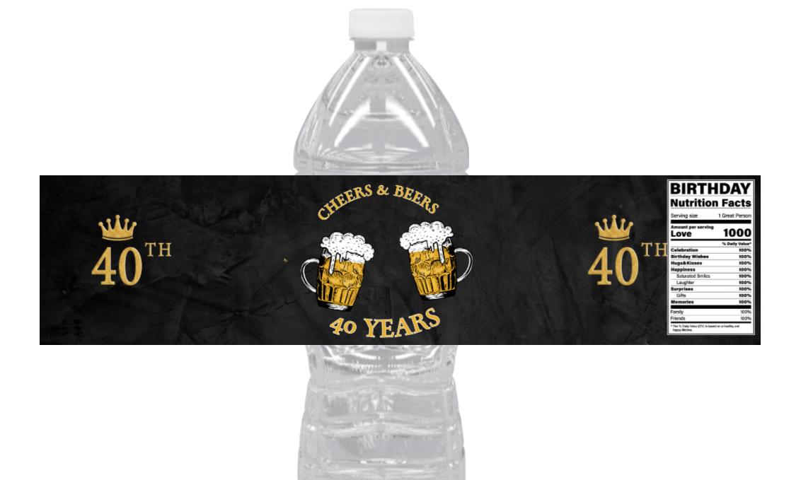 40th Birthday Water Bottle Labels | Set of 12 | Cheers to 40 Years | Party Favors | Black