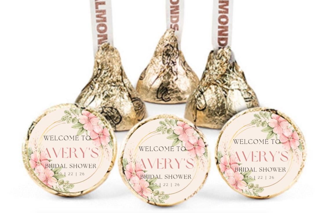 Bridal Shower Chocolate Candy Labels | Custom Floral Chocolate Candy Labels | Personalized Name and Date | 100 Round Stickers