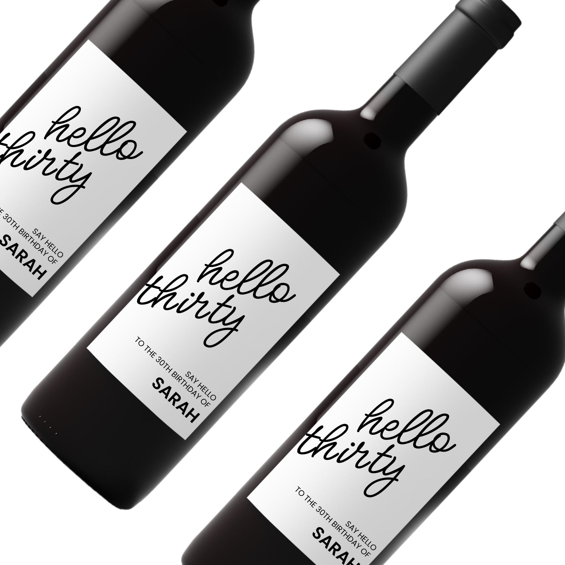 Hello Thirty Personalized 30th Birthday Wine Bottle Labels | Custom Name Bottle Decor | Glossy Finish|4pcs