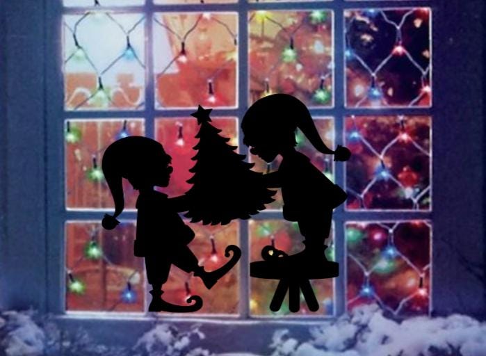 Reusable Elf Silhouette Decal Set | 11.5 H" × 15 W" | Glossy| Black| Christmas Window Decals