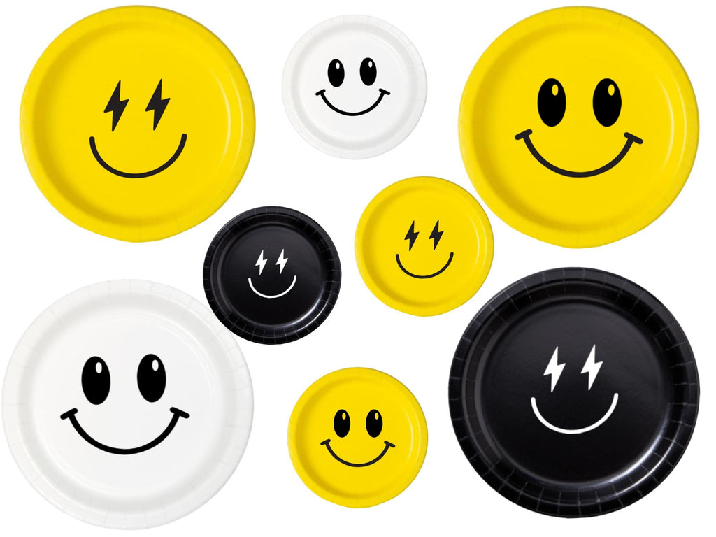 Multicolor Smiley Face Party Paper Plates Set | Black Yellow White Tableware | 40 Piece Kit