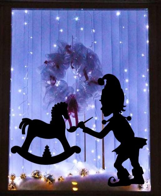 Christmas Elf Painting Rocking Horse | Reusable Window Cling Decal |Silhouette Decal|16H