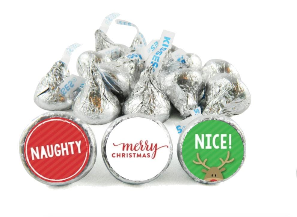 Naughty and Nice Kisses Candy Stickers | 100pcs|Glossy| Christmas Party Favors | 0.75in
