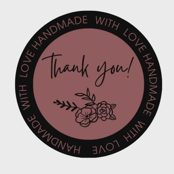 Mauve Pink Floral Thank You Stickers, Handmade with Love, Set of 100