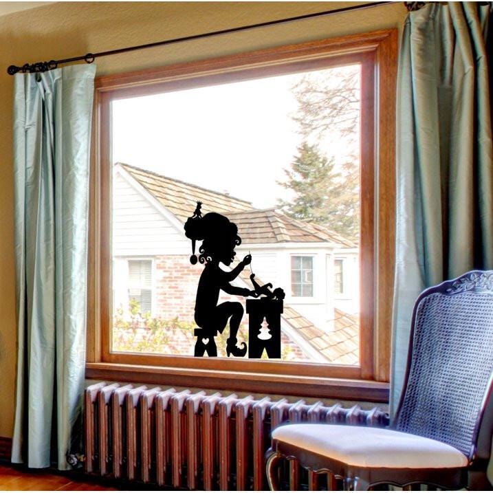Christmas Large Santa's Elf sewing a Teddy Bear Present Window Cling Decal
