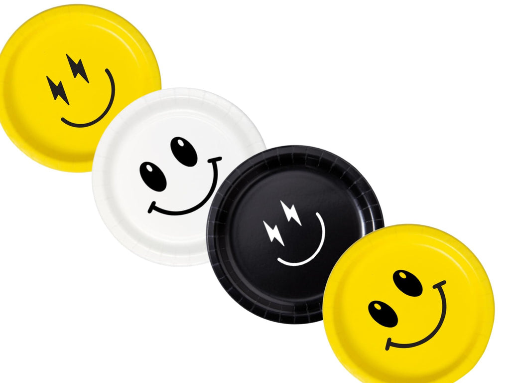 Multicolor Smiley Face Party Paper Plates Set | Black Yellow White Tableware | 40 Piece Kit