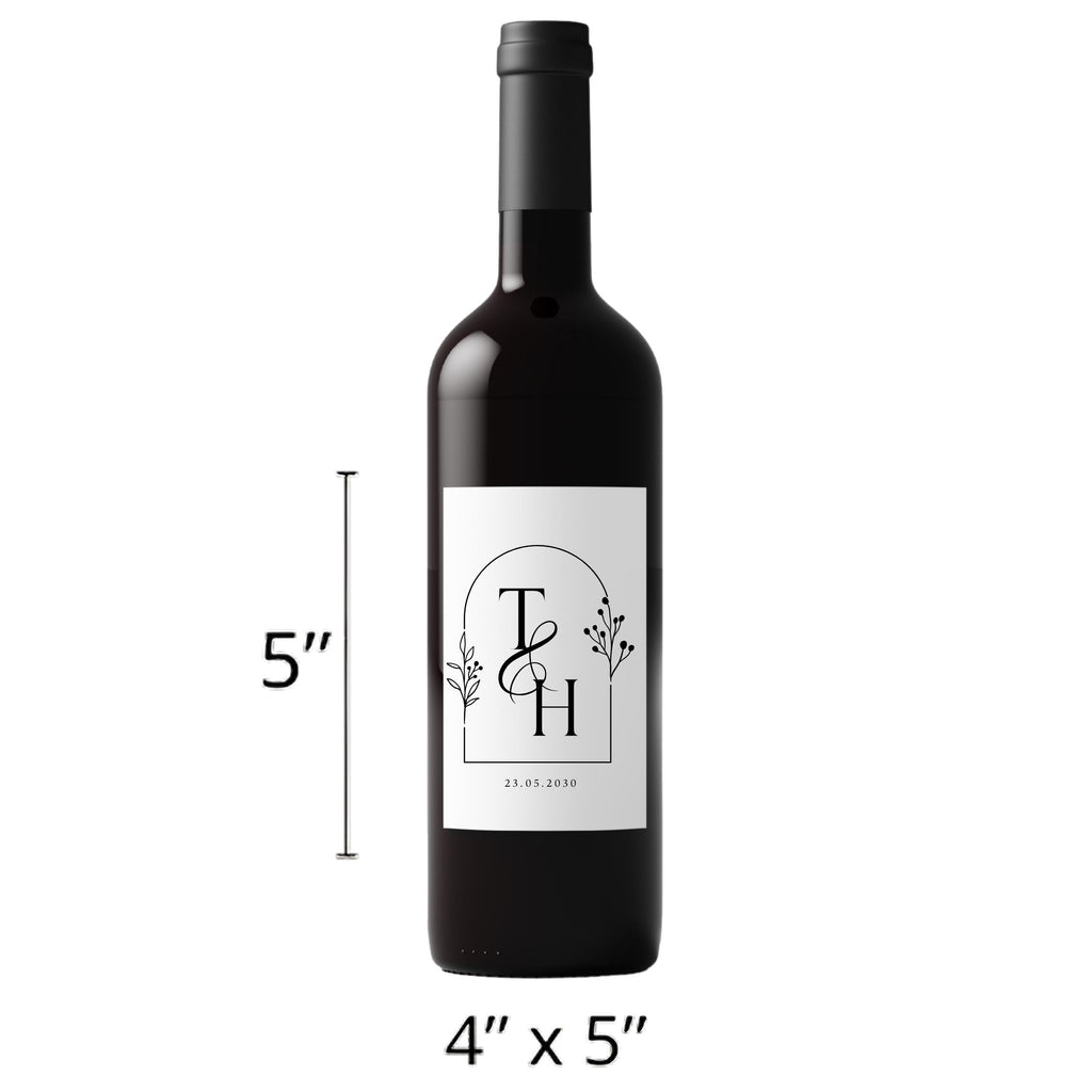 Elegant Floral Wedding Wine Labels | Personalized Initials & Date | Set of 4 Wine Bottle Wraps | Self Adhesive
