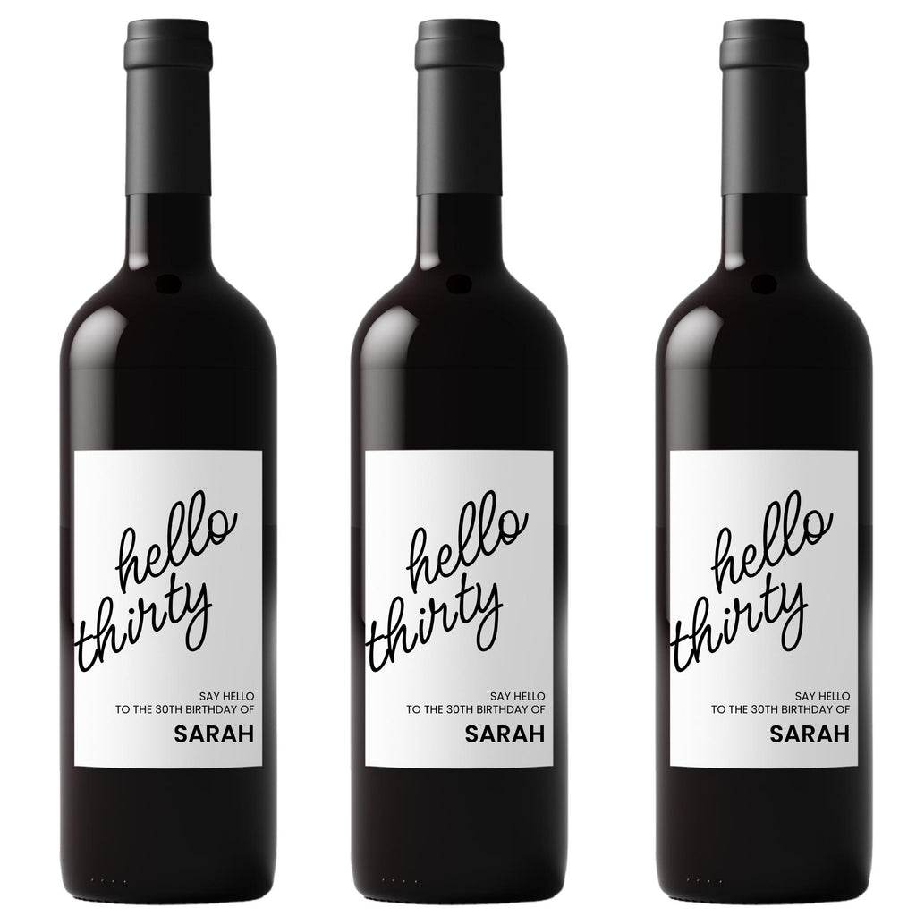Hello Thirty Personalized 30th Birthday Wine Bottle Labels | Custom Name Bottle Decor | Glossy Finish|4pcs