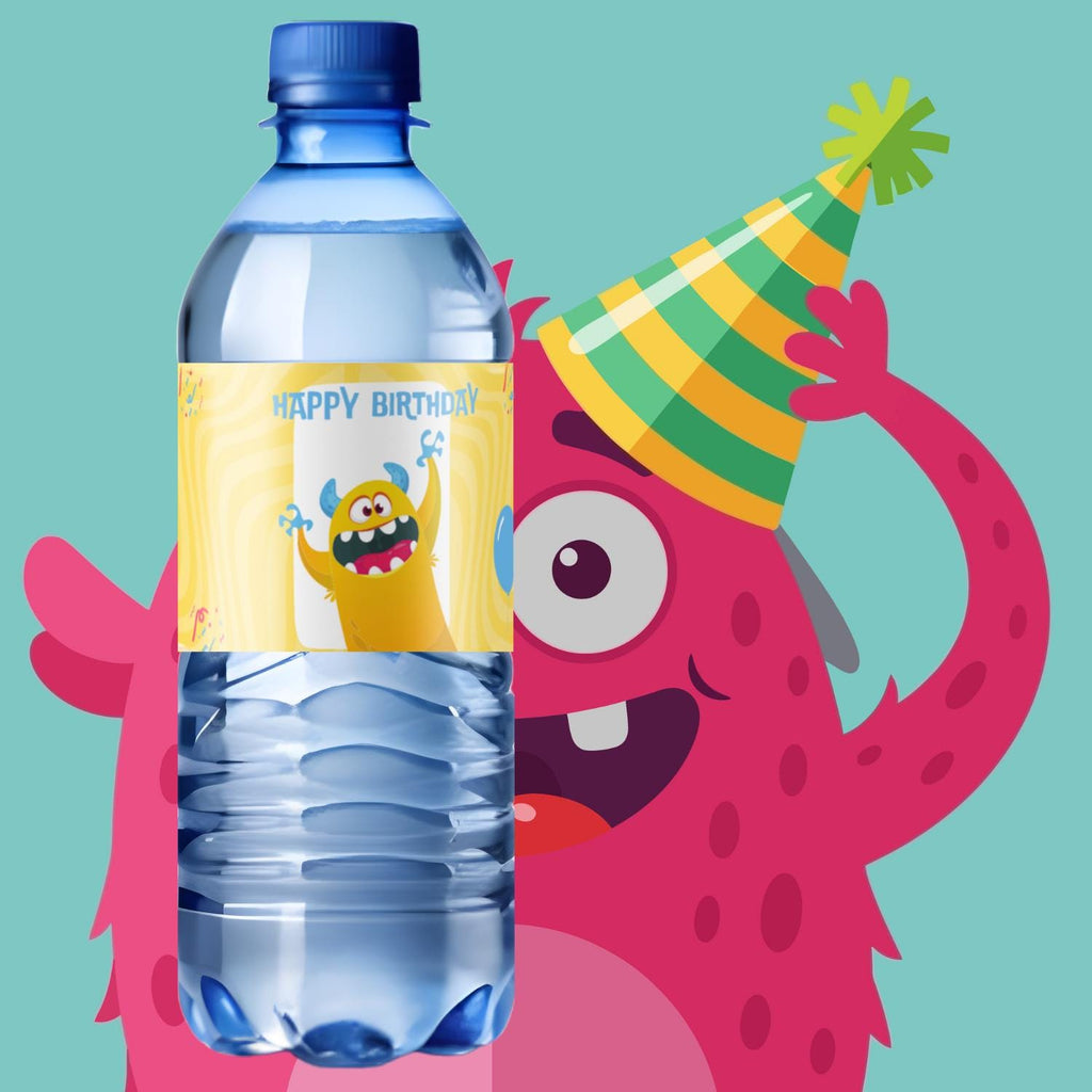 Monster Theme Birthday Water Bottle Labels | Cartoon Monster Party Decor | Happy Birthday Bottle Wraps | Glossy