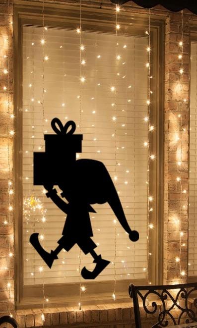Elf Carrying Present Window Cling | Christmas Silhouette Decal | Reusable| 17H