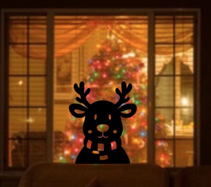 Peeking Reindeer Christmas Window Cling Decal | Black Silhouette | Reusable Glossy Vinyl Decal