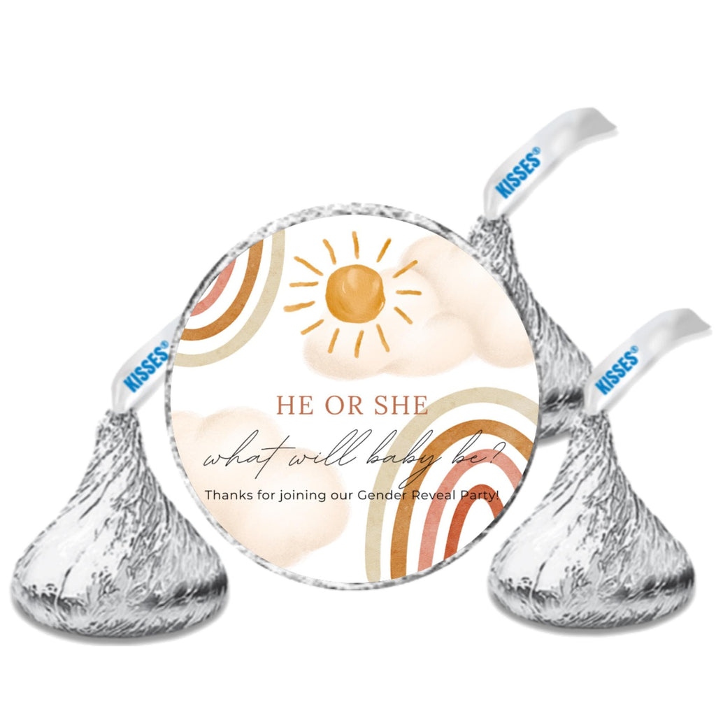 Boho Sun Baby Shower Candy Stickers | He or She What Will Our Little Baby Be Labels | 100 Glossy Chocolate Kiss Stickers