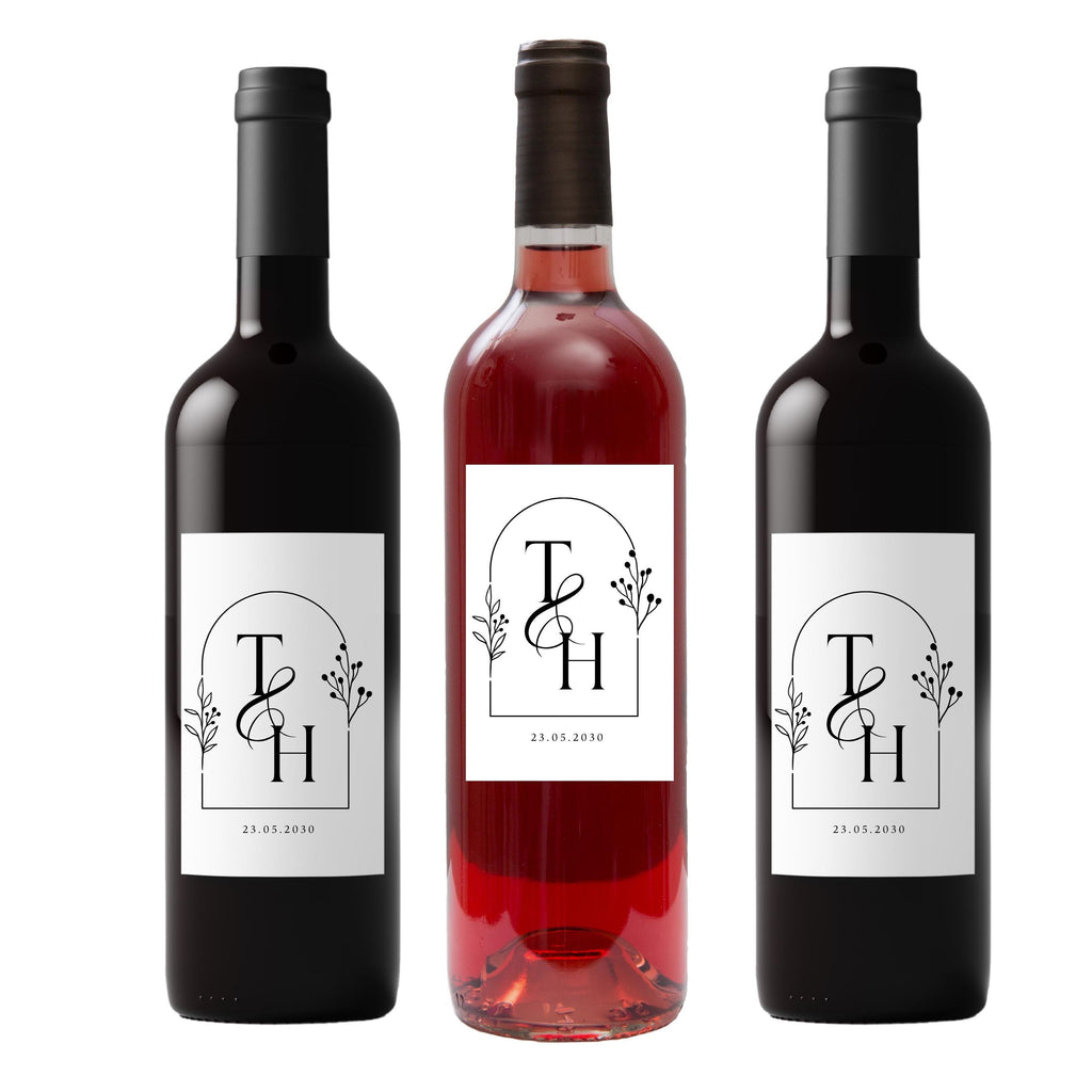 Elegant Floral Wedding Wine Labels | Personalized Initials & Date | Set of 4 Wine Bottle Wraps | Self Adhesive
