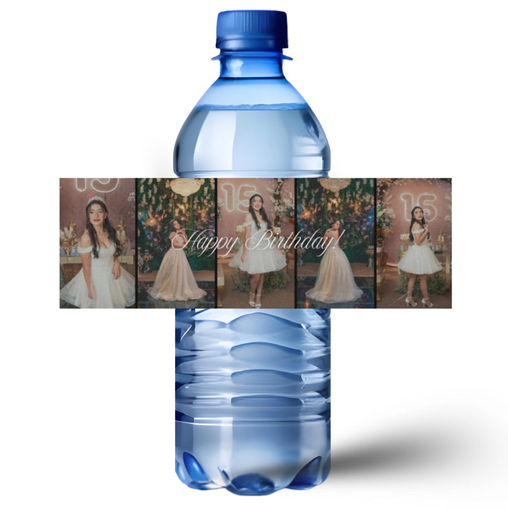 Personalized Birthday Water Bottle Labels | Photo Collage of 5 Pictures | Happy Birthday Cursive Font | Glossy