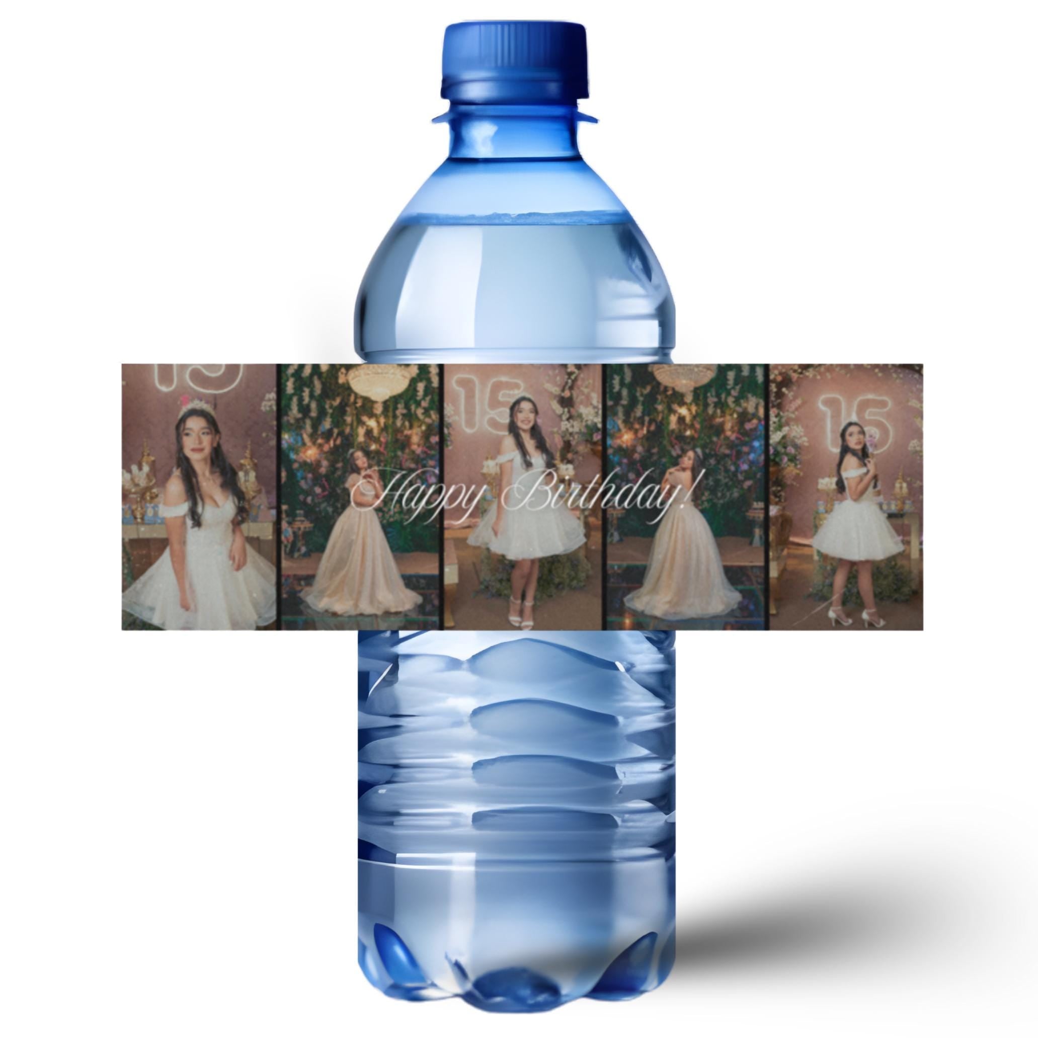 Personalized Birthday Water Bottle Labels | Photo Collage of 5 Pictures | Happy Birthday Cursive Font | Glossy