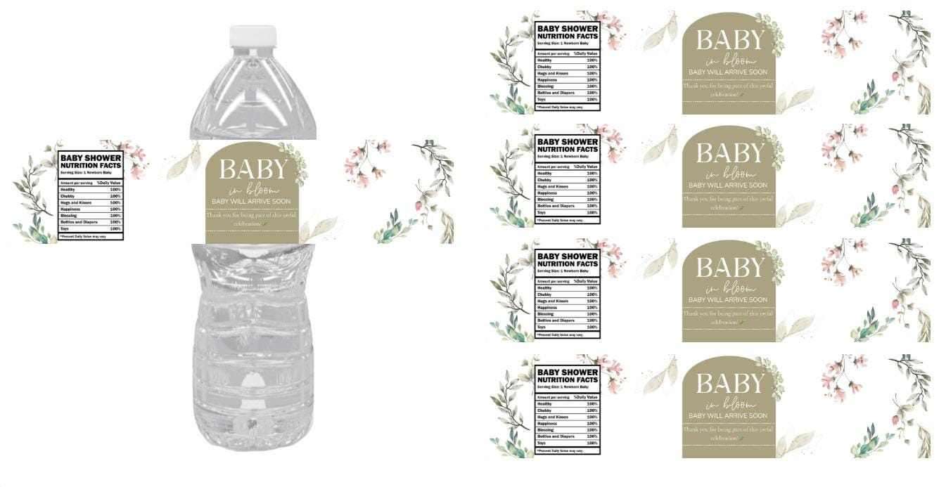 Baby in Bloom Baby Shower Water Bottle Labels | Floral Theme | Baby Will Arrive Soon | 12ct