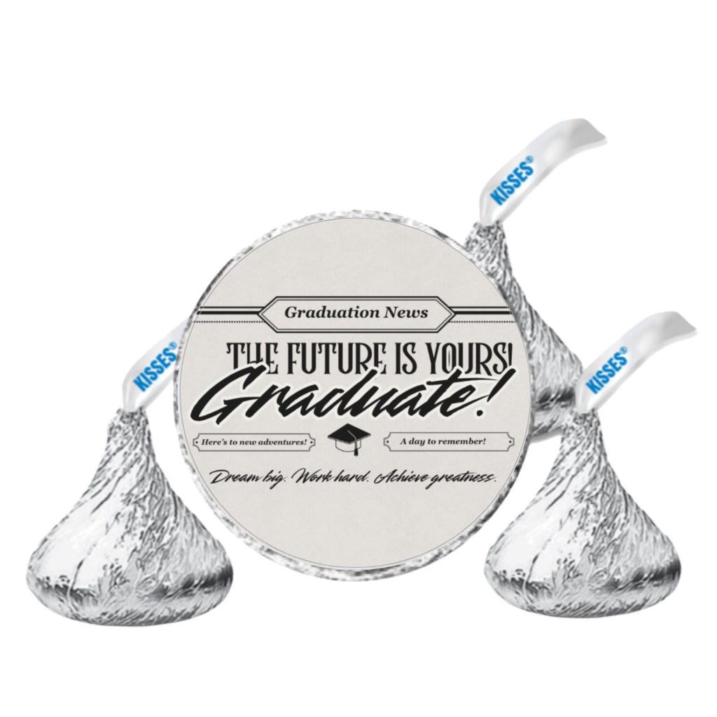 Newspaper Graduation Candy Stickers | The Future Is Yours Graduate Labels | 100 Glossy Candy Kiss Stickers