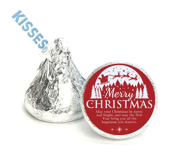 Merry Christmas Chocolate Kiss Candy Stickers | 100CT |Glossy| Holiday Party Favors|Pre-Printed
