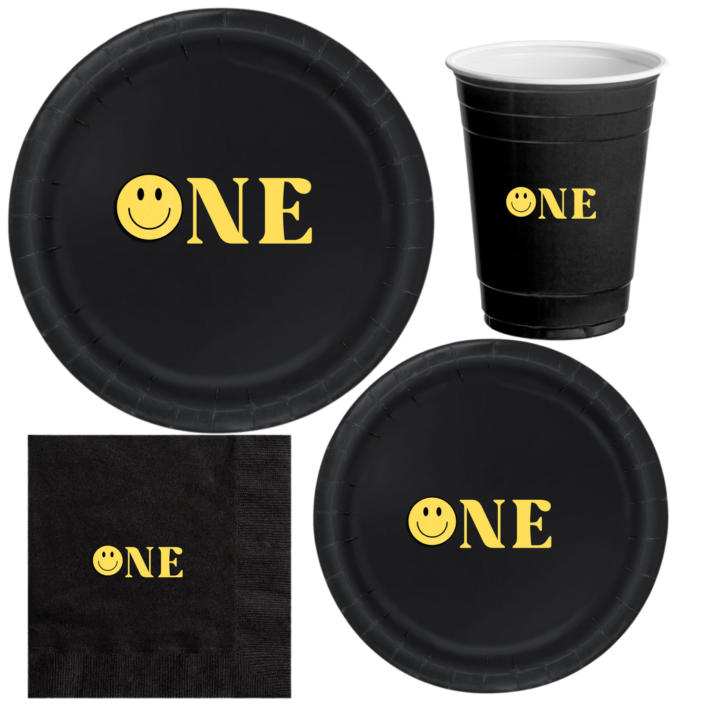 One First Birthday Tableware Set | Black Plates with Yellow Smiley Face | 1st Birthday Party Plates Cups & Napkins | 60 Piece