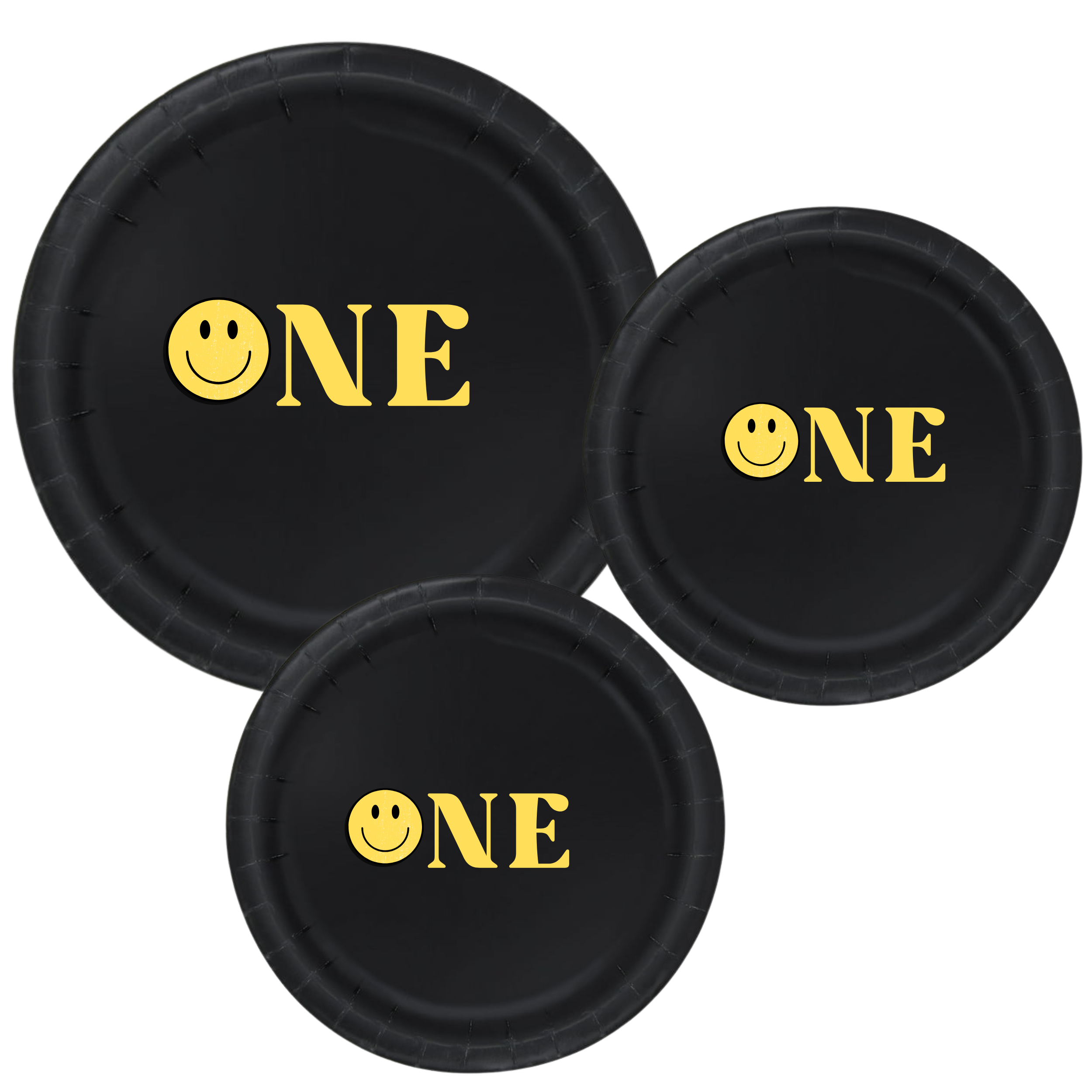 One First Birthday Tableware Set | Black Plates with Yellow Smiley Face | 1st Birthday Party Plates Cups & Napkins | 60 Piece