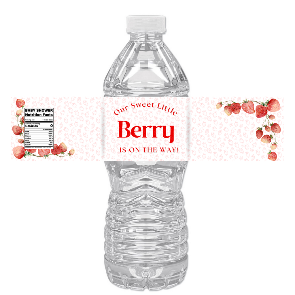 Our Sweet Little Berry Is On The Way Water Bottle Labels | Strawberry Baby Shower Theme | Fun Nutrition Facts Panel | 12 PCS | Glossy