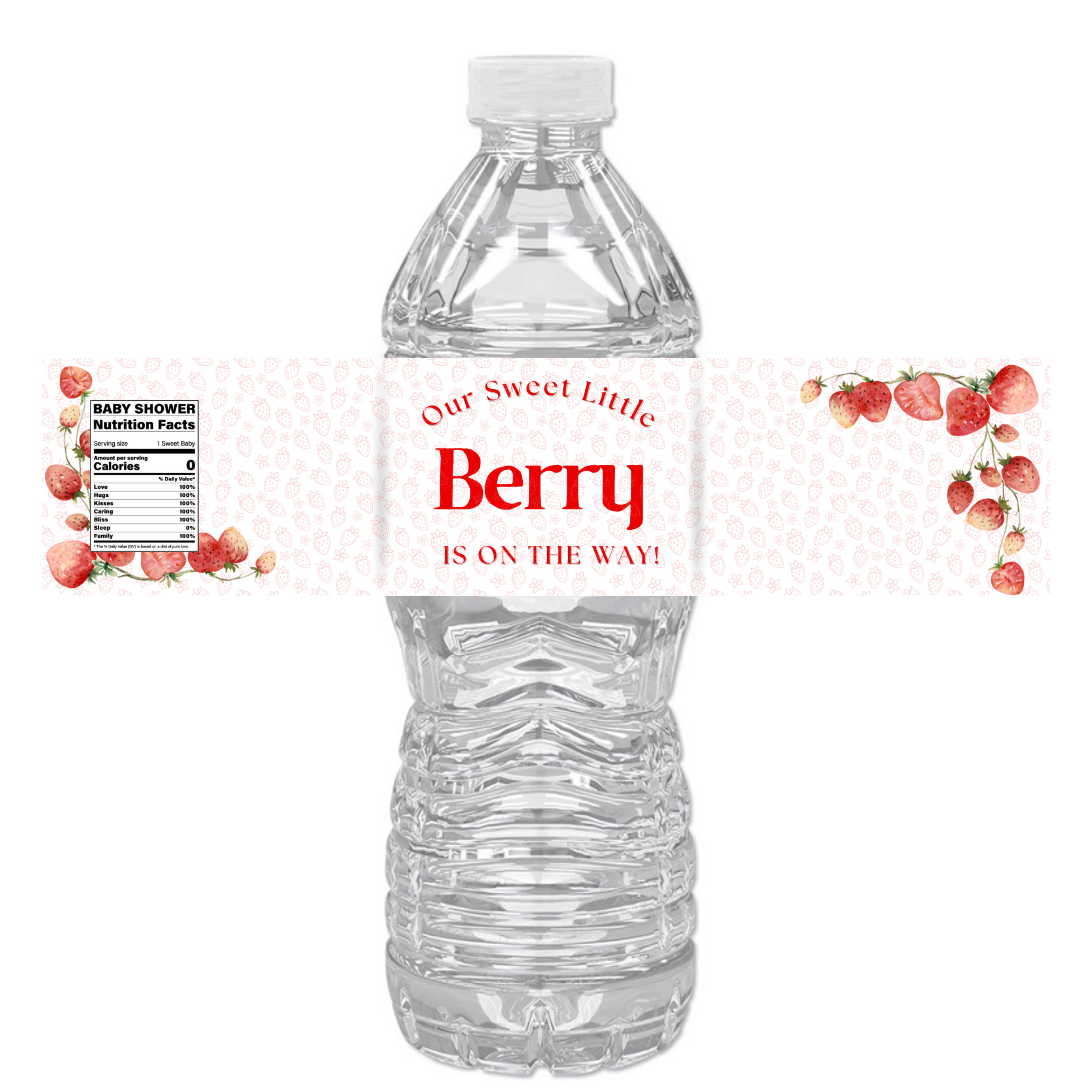 Our Sweet Little Berry Is On The Way Water Bottle Labels | Strawberry Baby Shower Theme | Fun Nutrition Facts Panel | 12 PCS | Glossy