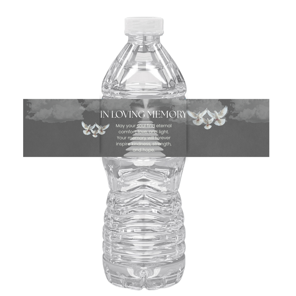 In Loving Memory Water Bottle Labels | Set Of 12 | Funeral Memorial Decor | Stairs To Heaven | Clouds Design Elegant