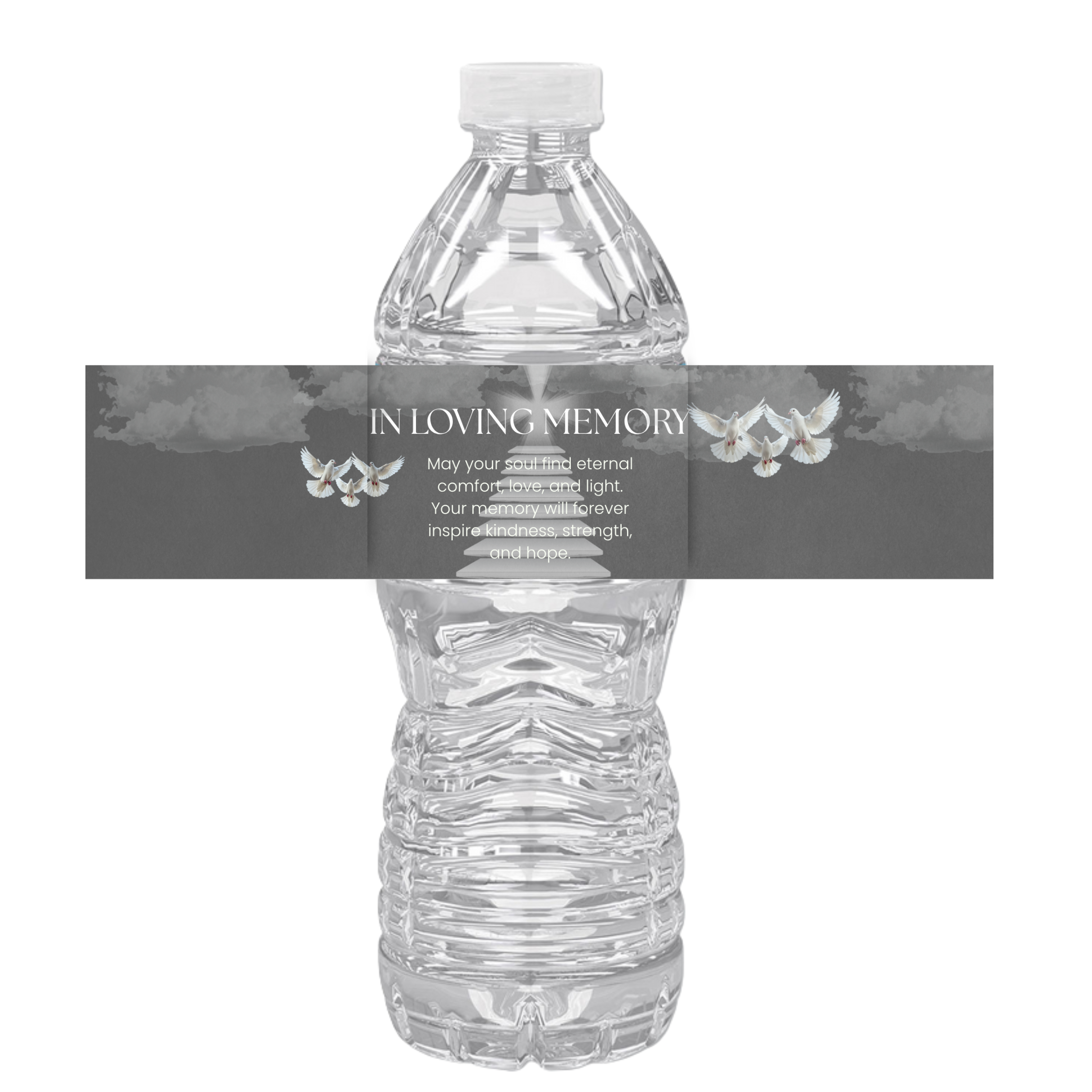 In Loving Memory Water Bottle Labels | Set Of 12 | Funeral Memorial Decor | Stairs To Heaven | Clouds Design Elegant
