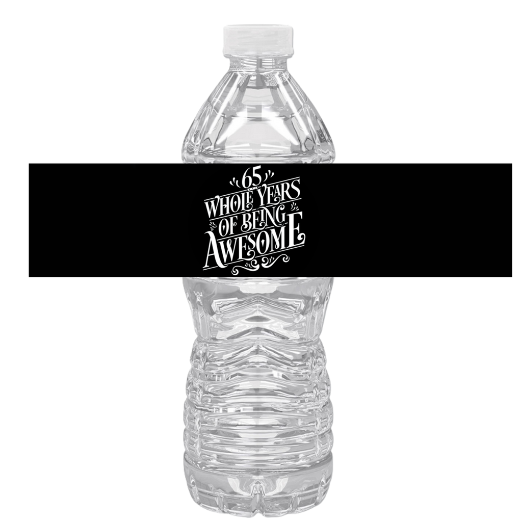 65 Whole Years Of Being Awesome Birthday Water Bottle Labels | Set Of 12 |Milestone Party Favors