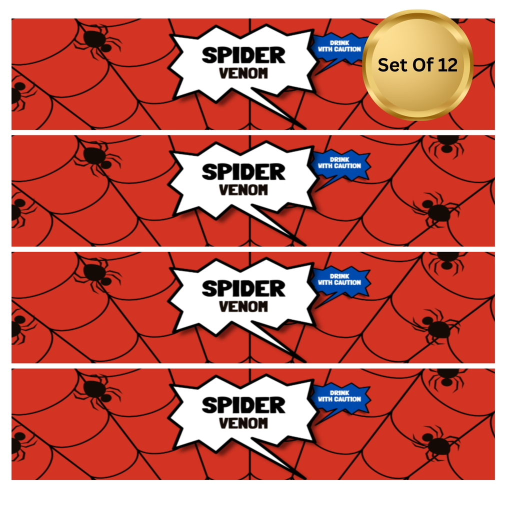 Spider Theme Birthday Water Bottle Labels | Set Of 12 | Spider Venom Design | Spooky Party Decor