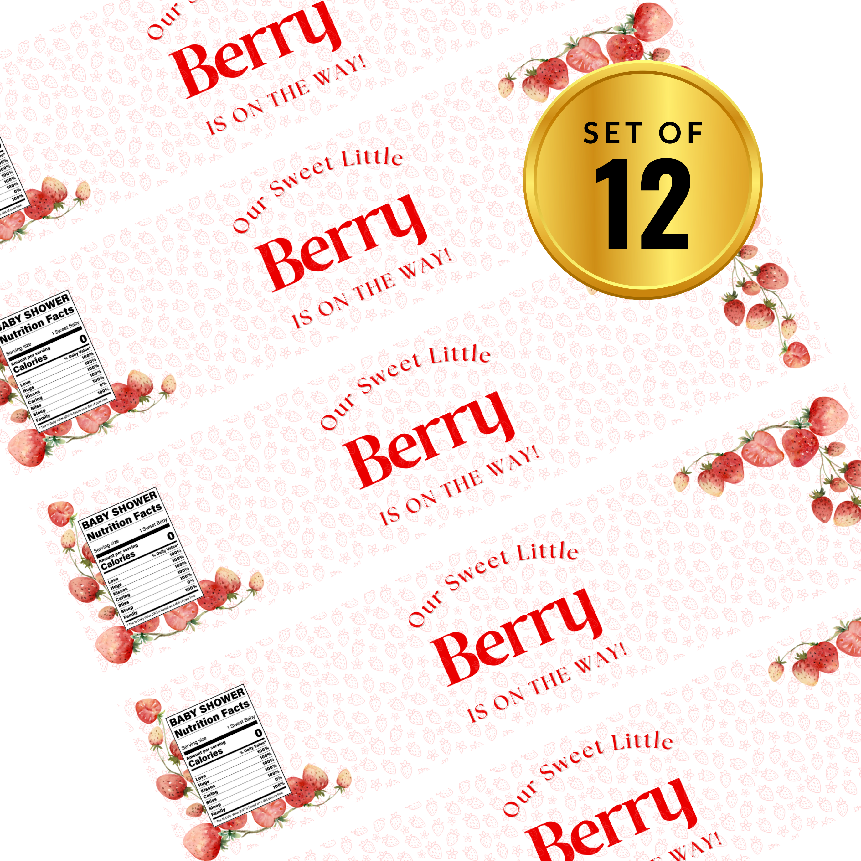 Our Sweet Little Berry Is On The Way Water Bottle Labels | Strawberry Baby Shower Theme | Fun Nutrition Facts Panel | 12 PCS | Glossy