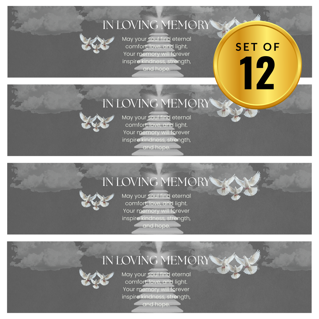 In Loving Memory Water Bottle Labels | Set Of 12 | Funeral Memorial Decor | Stairs To Heaven | Clouds Design Elegant