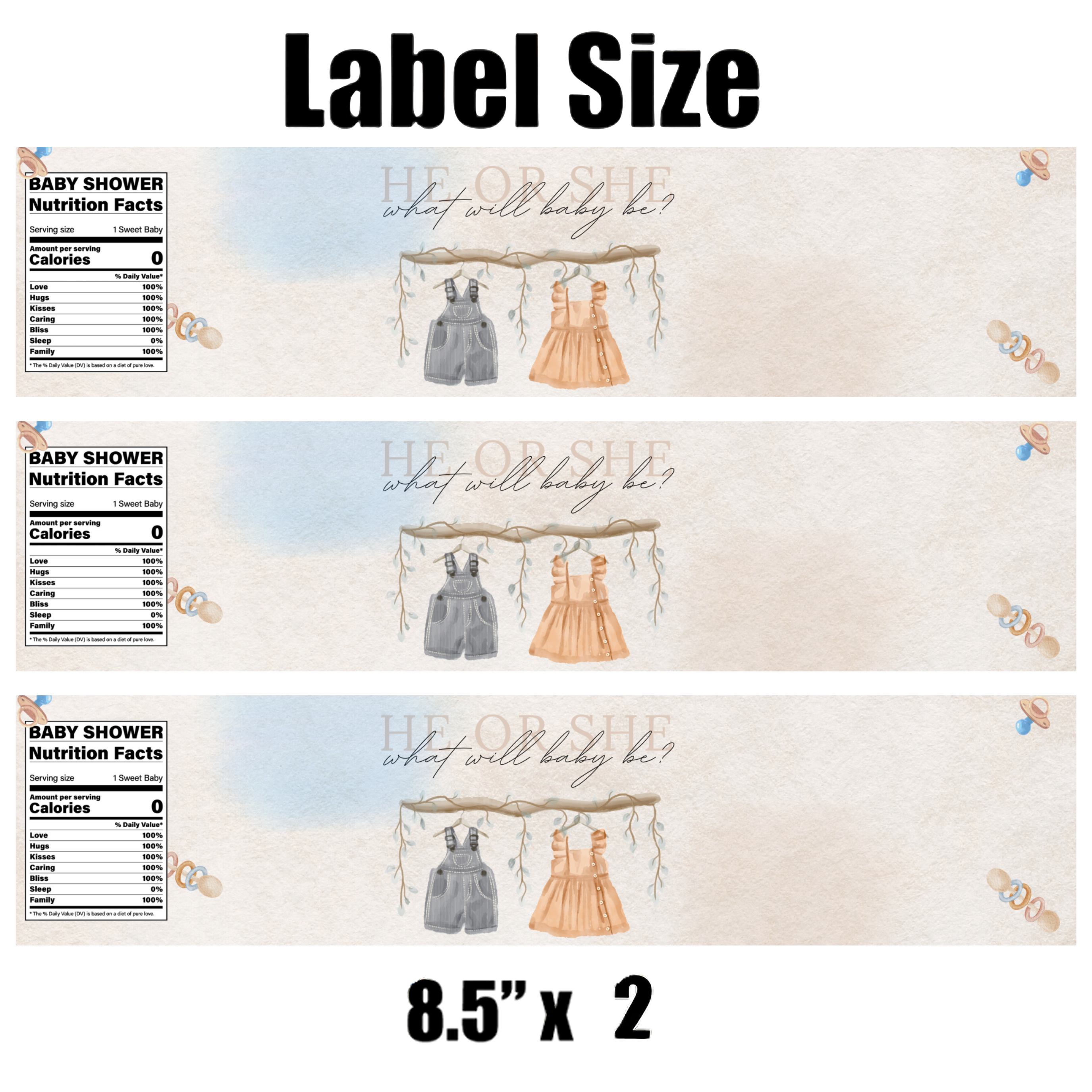He or She What Will Baby Be | Gender Reveal Water Bottle Labels | Baby Shower Nutrition Facts panel | 12pcs| Glossy
