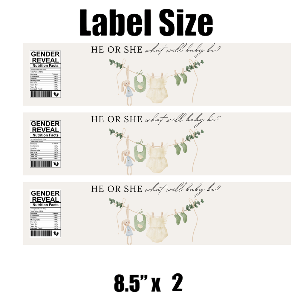 He or She What Will Baby Be Water Bottle Labels | Gender Reveal Theme | Fun Nutrition Facts Panel | 12 PCS | Glossy