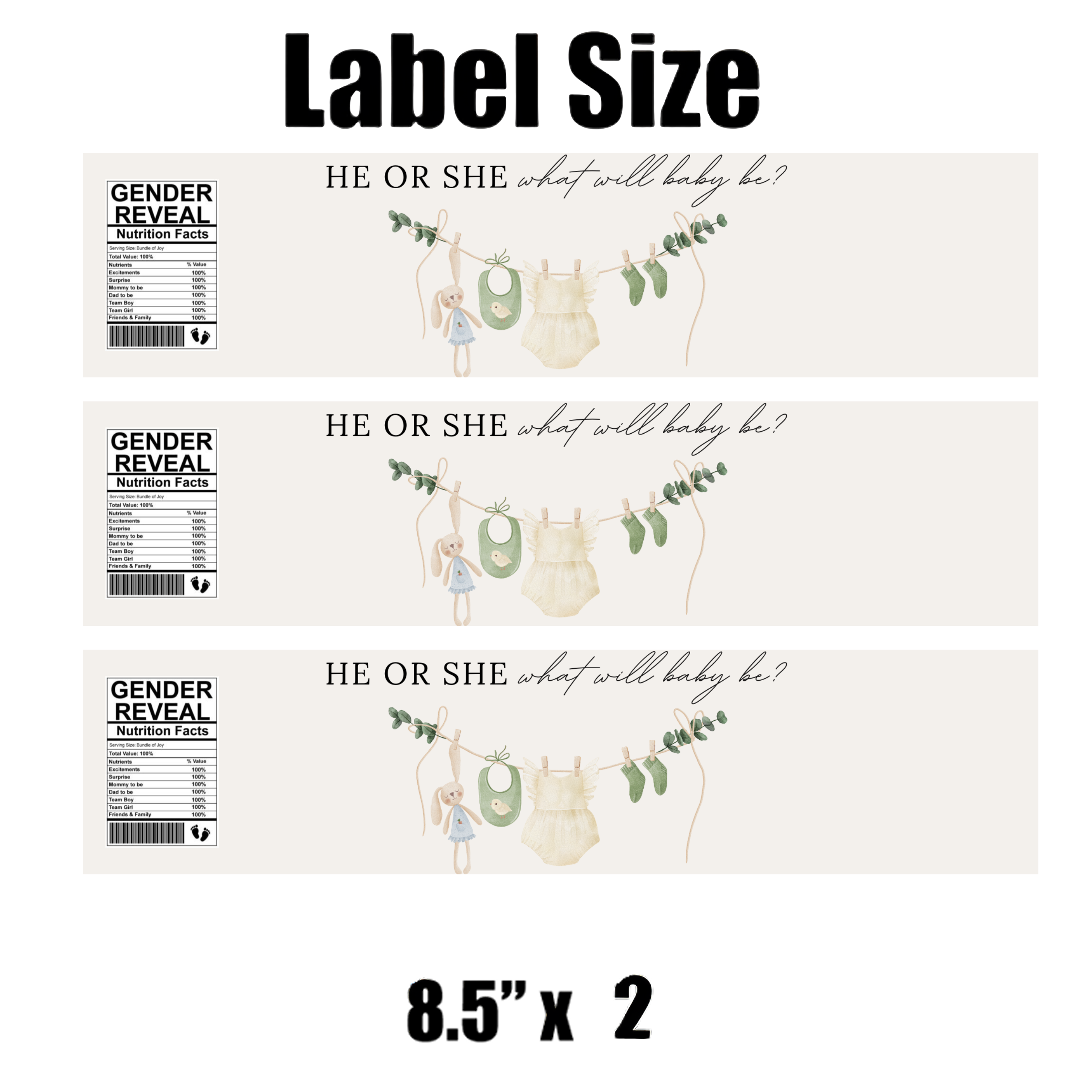 He or She What Will Baby Be Water Bottle Labels | Gender Reveal Theme | Fun Nutrition Facts Panel | 12 PCS | Glossy
