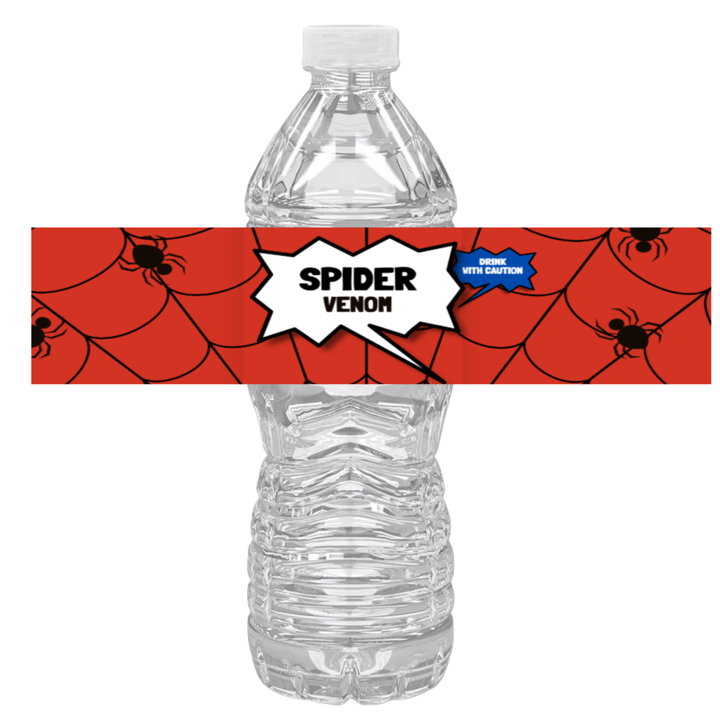Spider Theme Birthday Water Bottle Labels | Set Of 12 | Spider Venom Design | Spooky Party Decor