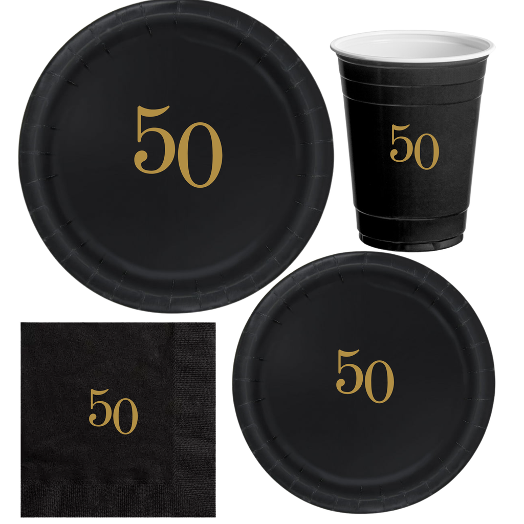 50th Birthday Tableware Set | Black Plates with Gold 50 Font | Elegant 50th Birthday Plates Cups & Napkins | 60 Piece