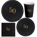 50th Birthday Tableware Set | Black Plates with Gold 50 Font | Elegant 50th Birthday Plates Cups & Napkins | 60 Piece