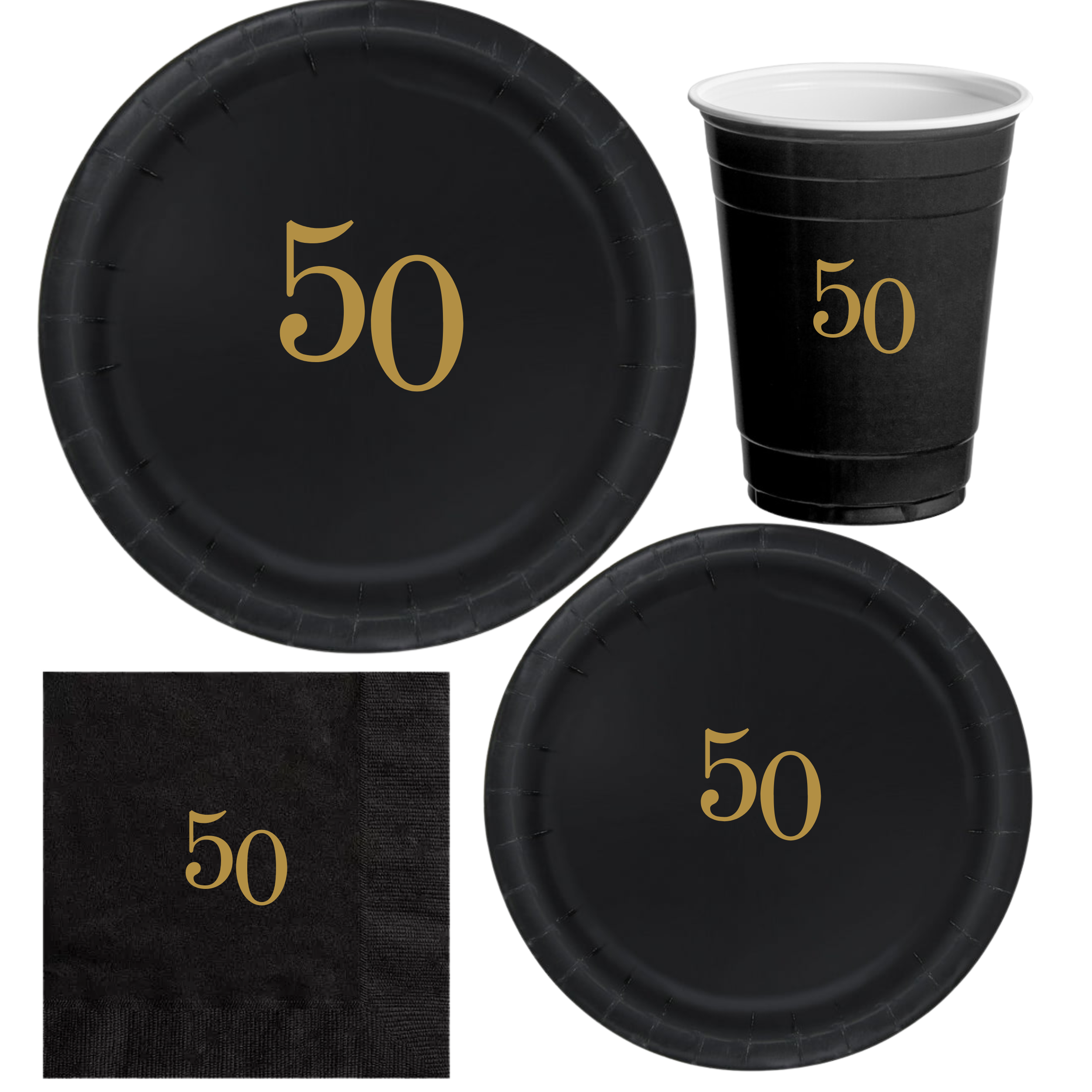 50th Birthday Tableware Set | Black Plates with Gold 50 Font | Elegant 50th Birthday Plates Cups & Napkins | 60 Piece