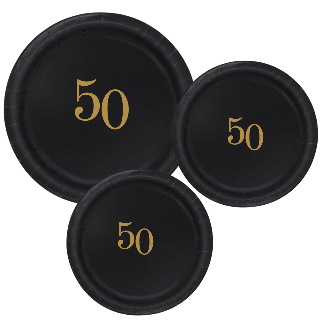 50th Birthday Tableware Set | Black Plates with Gold 50 Font | Elegant 50th Birthday Plates Cups & Napkins | 60 Piece