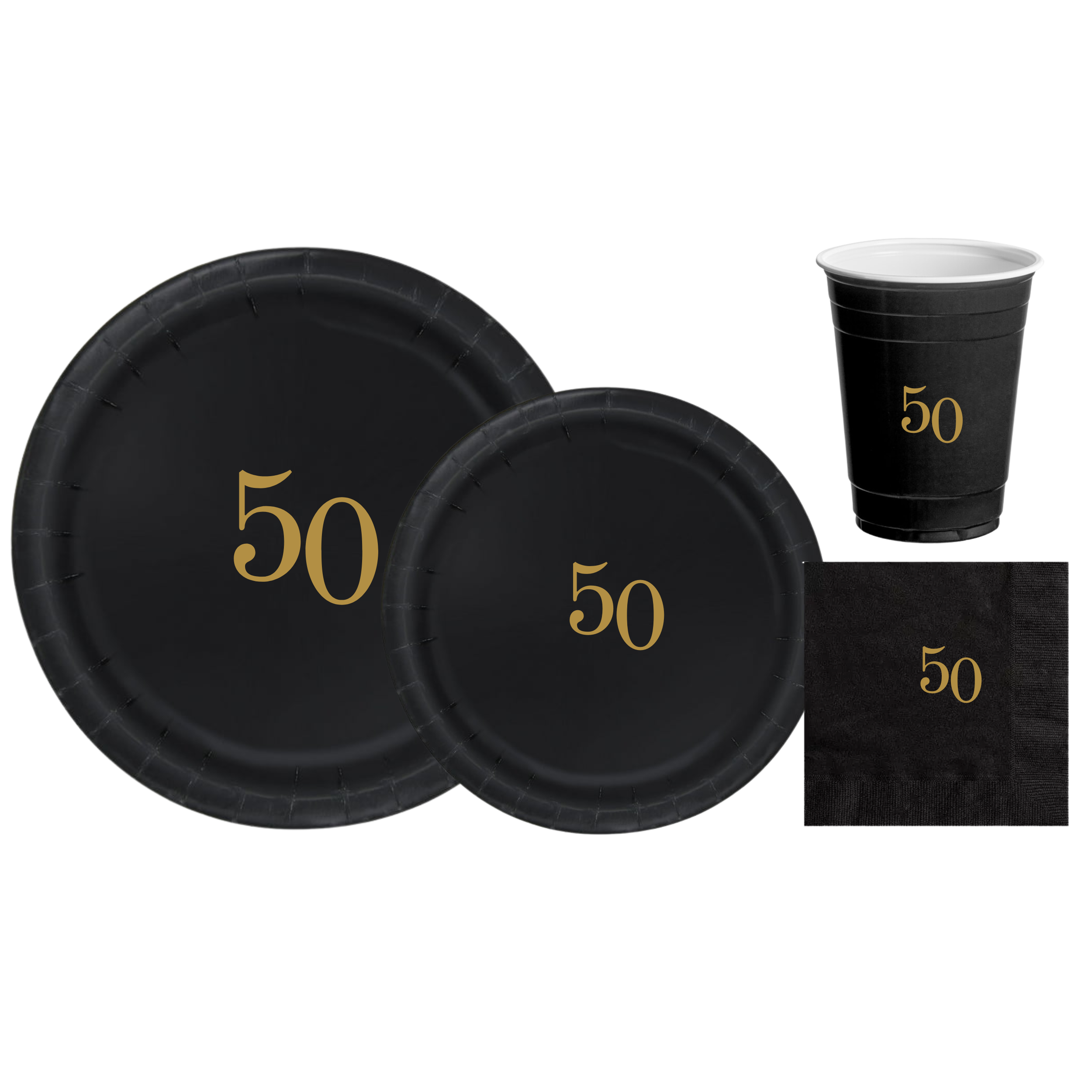 50th Birthday Tableware Set | Black Plates with Gold 50 Font | Elegant 50th Birthday Plates Cups & Napkins | 60 Piece