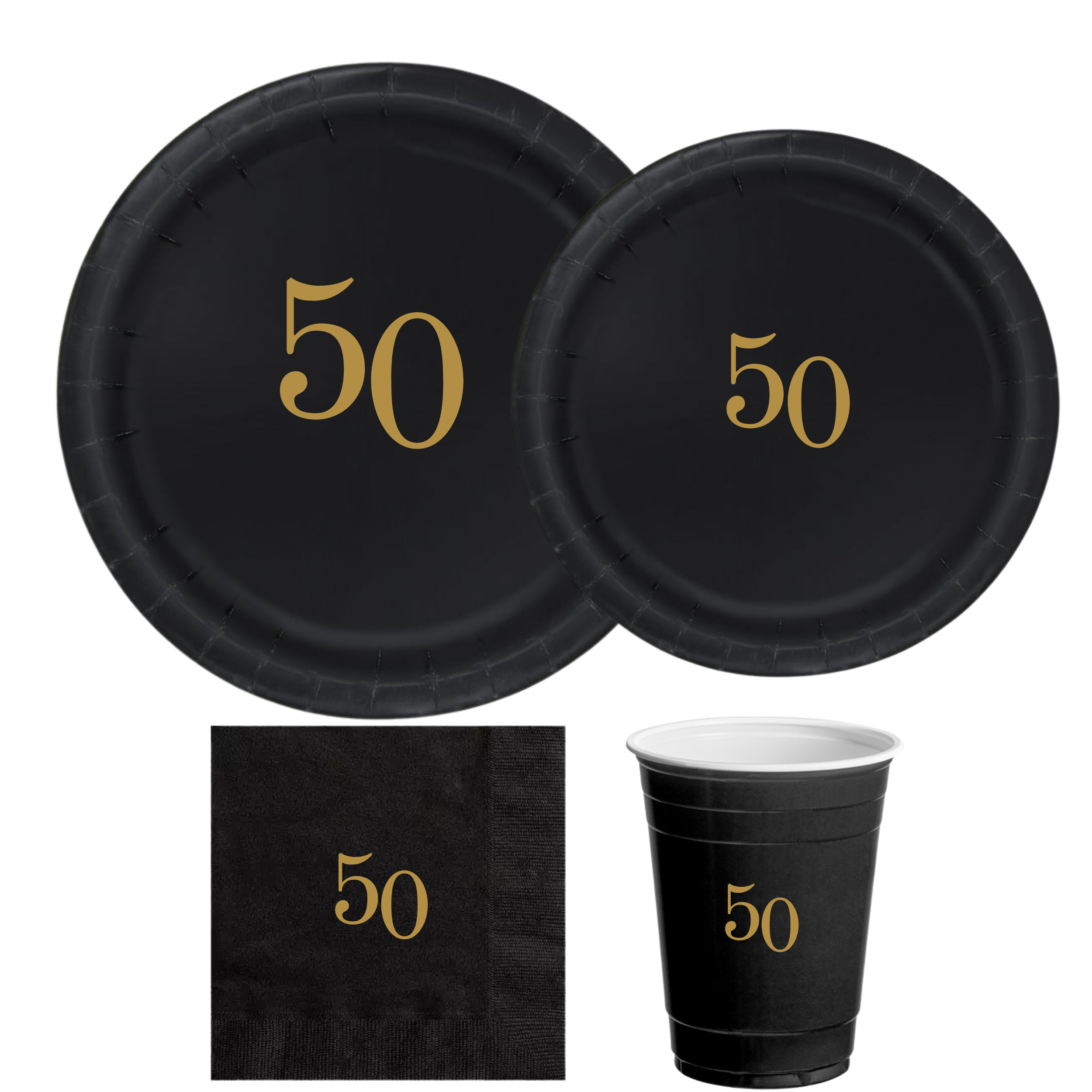 50th Birthday Tableware Set | Black Plates with Gold 50 Font | Elegant 50th Birthday Plates Cups & Napkins | 60 Piece