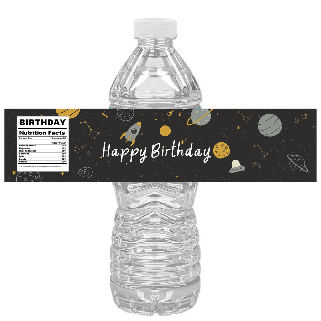 Happy Birthday Water Bottle Labels | Space Birthday Theme | Planets and Stars Design with Nutrition Facts Panel | 12 PCS | Glossy
