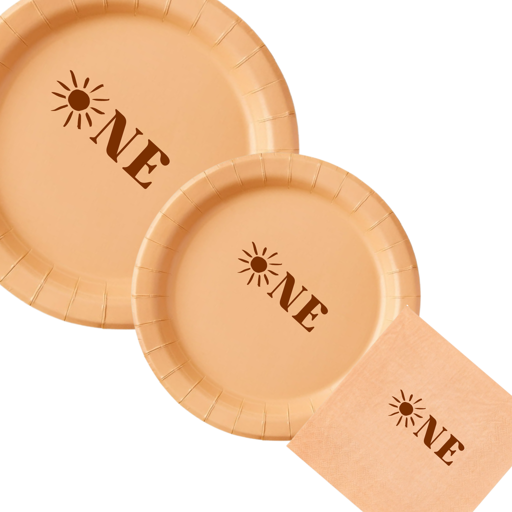 First Birthday Plates Set | Son Theme| Peach With Brown Font| 45pcs | Durable| 1st Birthday Party Plates Set