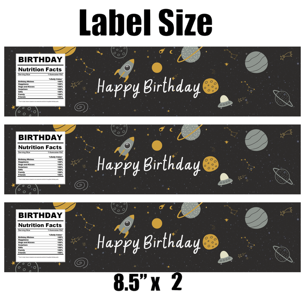 Happy Birthday Water Bottle Labels | Space Birthday Theme | Planets and Stars Design with Nutrition Facts Panel | 12 PCS | Glossy