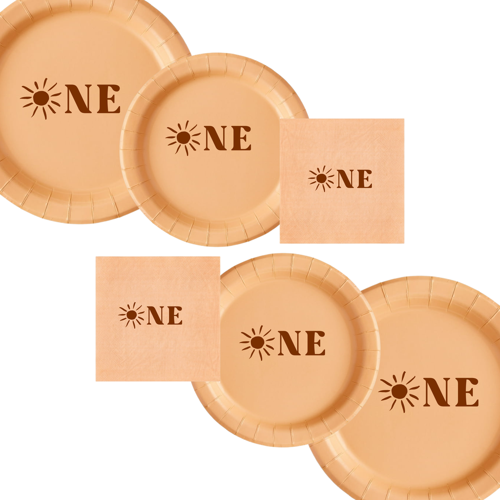 First Birthday Plates Set | Son Theme| Peach With Brown Font| 45pcs | Durable| 1st Birthday Party Plates Set