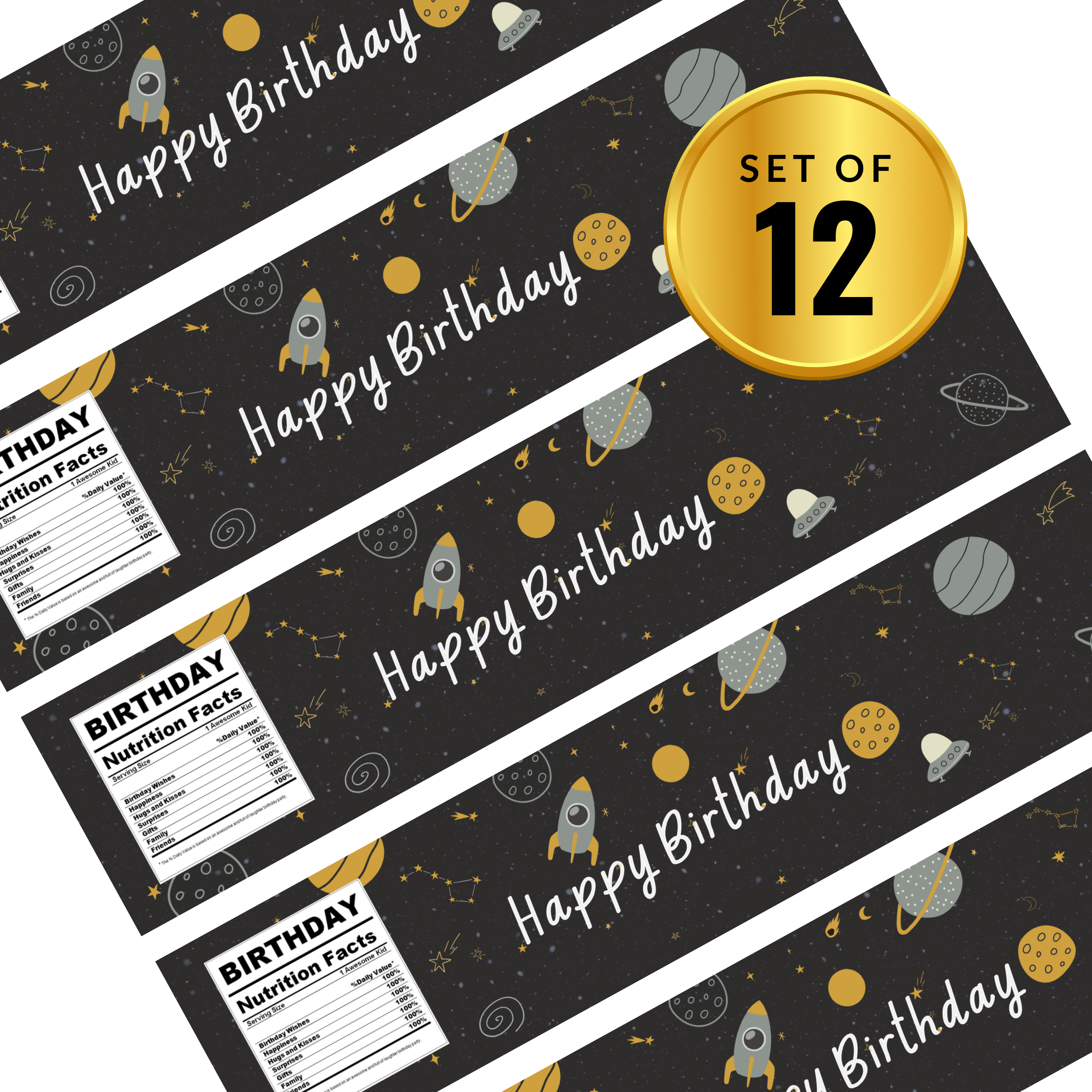 Happy Birthday Water Bottle Labels | Space Birthday Theme | Planets and Stars Design with Nutrition Facts Panel | 12 PCS | Glossy