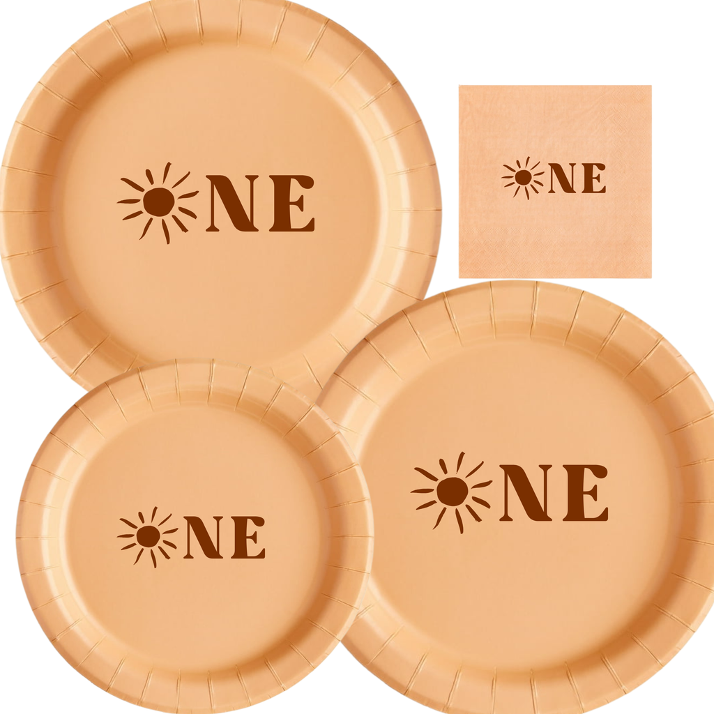First Birthday Plates Set | Son Theme| Peach With Brown Font| 45pcs | Durable| 1st Birthday Party Plates Set