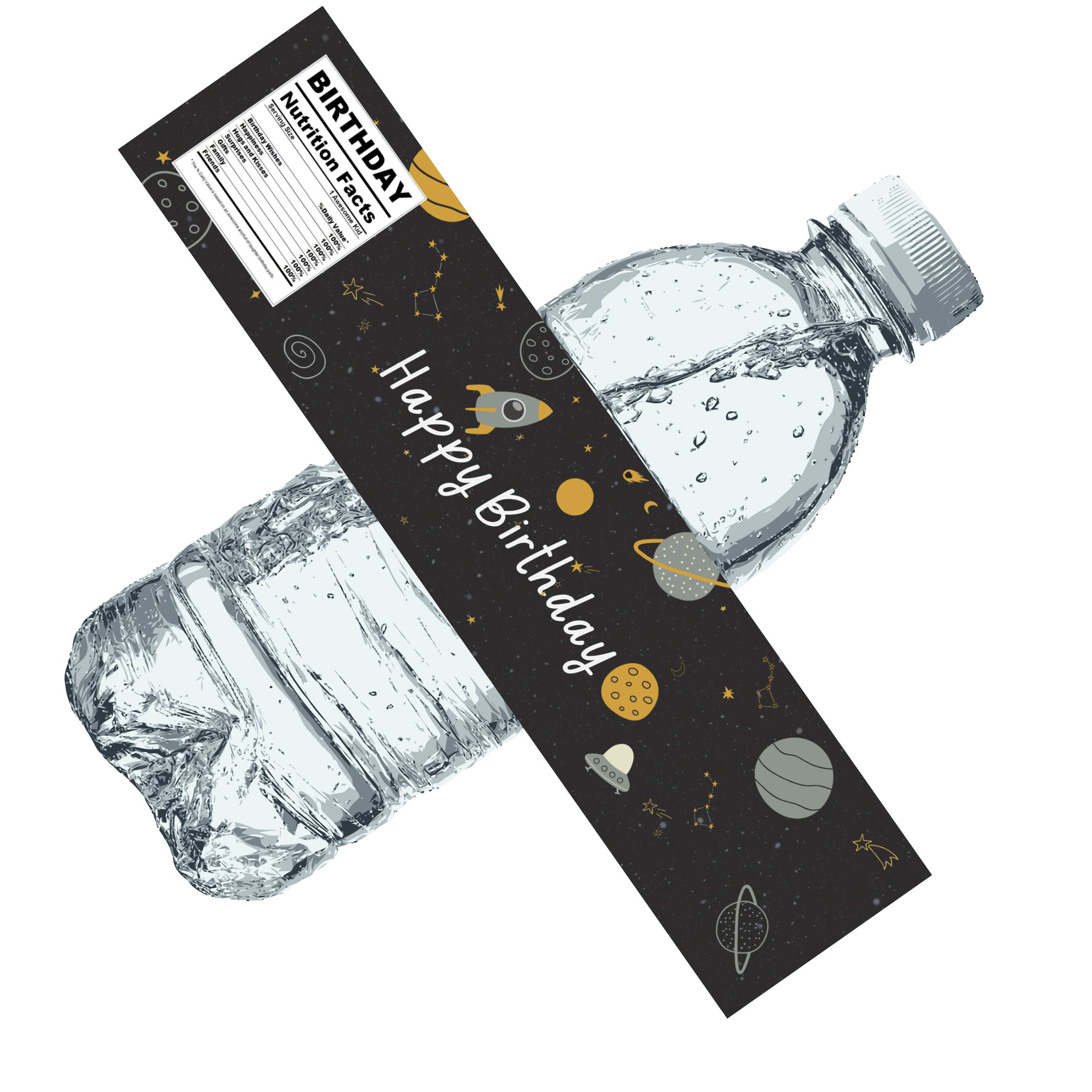 Happy Birthday Water Bottle Labels | Space Birthday Theme | Planets and Stars Design with Nutrition Facts Panel | 12 PCS | Glossy